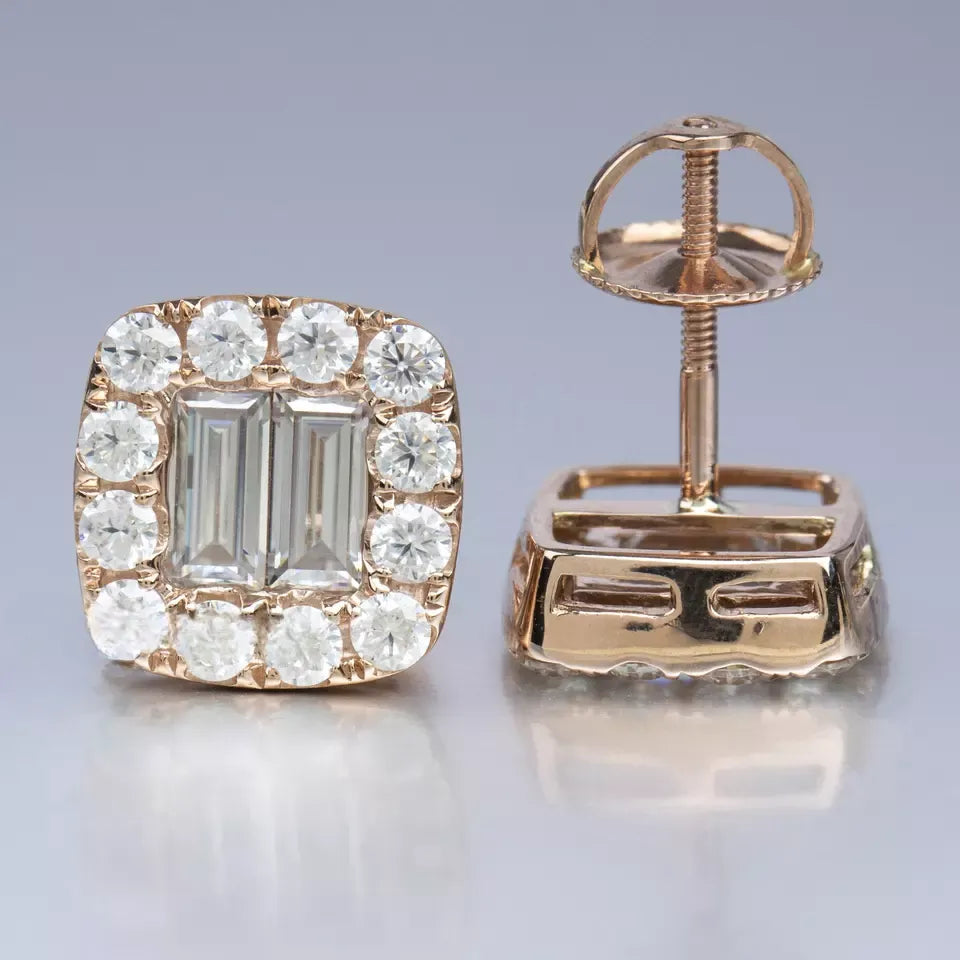 10.5MM 14K GOLD MOISSANITE EMERALD CUT SQUARE EARRINGS